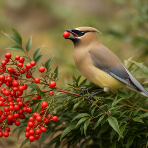 nandina domestica - with cedar waxwing bird eating berries, Invasive Plant