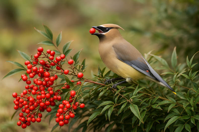 nandina domestica - with cedar waxwing bird eating berries, Invasive Plant