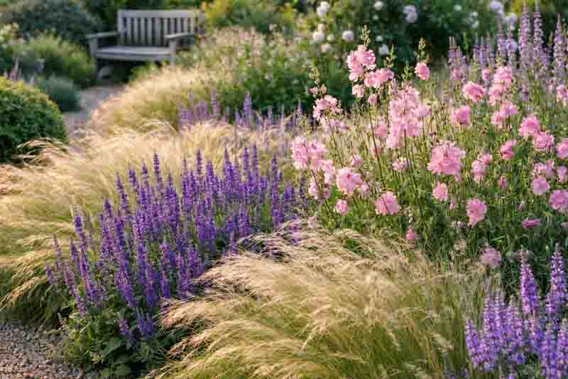 Summer garden design idea with Sidalcea, Checker Bloom, Stipa, Salvia Caradonna, Woodland sage