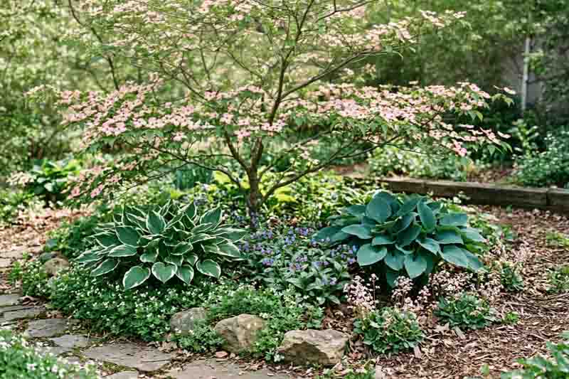 Cornus kousa 'Satomi', Hosta 'Patriot', Hosta 'Hadspen Blue', Pulmonaria 'Ice Ballet', Saxifraga urbium