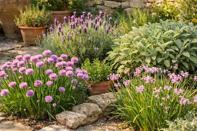 Herb garden bed with lavender, chives, sage, society garlic