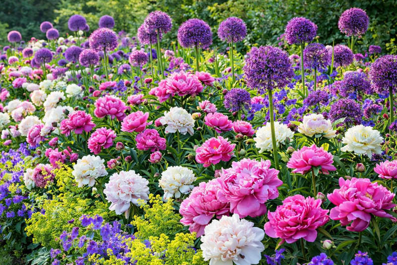 Spring garden with paeonia lactiflora Alexander Fleming and Duchesse de Nemours, alchemilla mollis, geranium magnificum, allium Purple Sensation