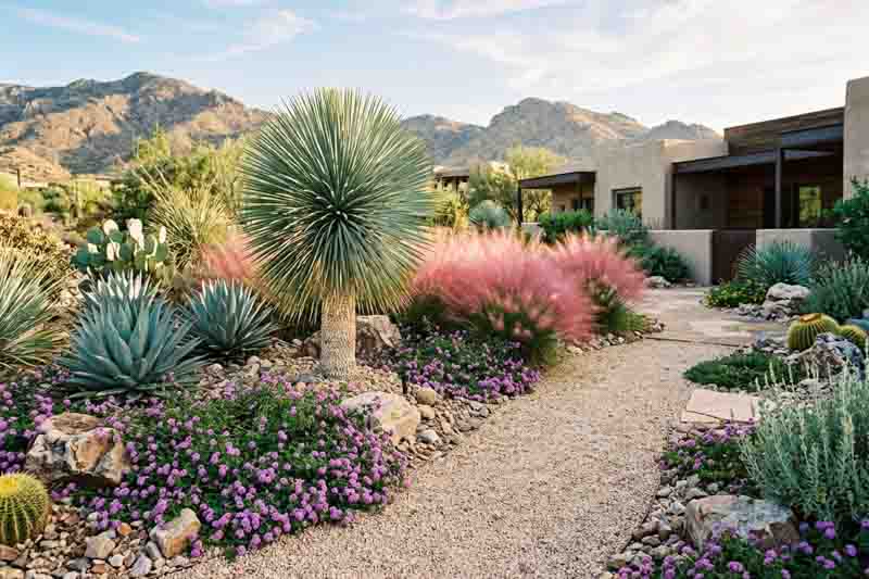 Desert garden with Yucca rostrata, Agave parryi, lantana montevidensis, Mulhenbergia capillaris