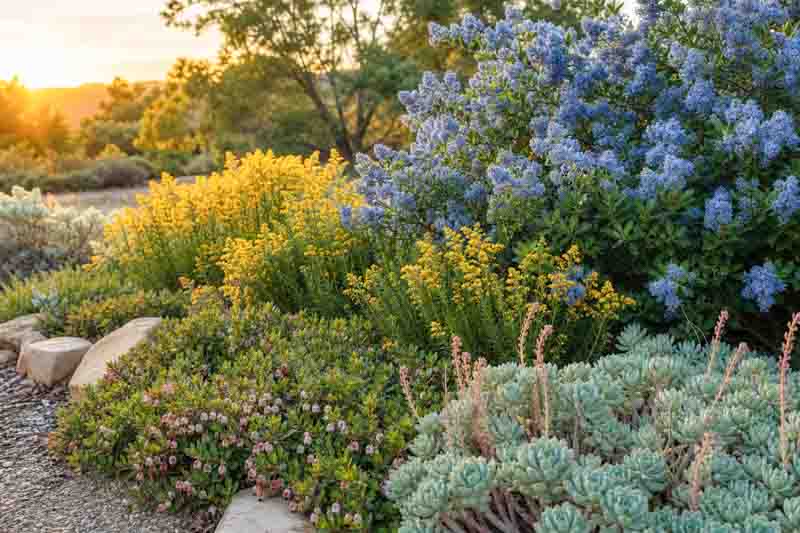 Native garden with Ceanothus thyrsiflorus, Solidago canadensis , Arctostaphylos uva ursi, Sedum spathulifolium
