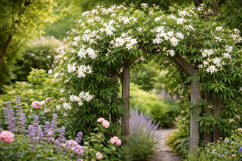 common jasmine, jasminum officinale growing on an arbors in the garden