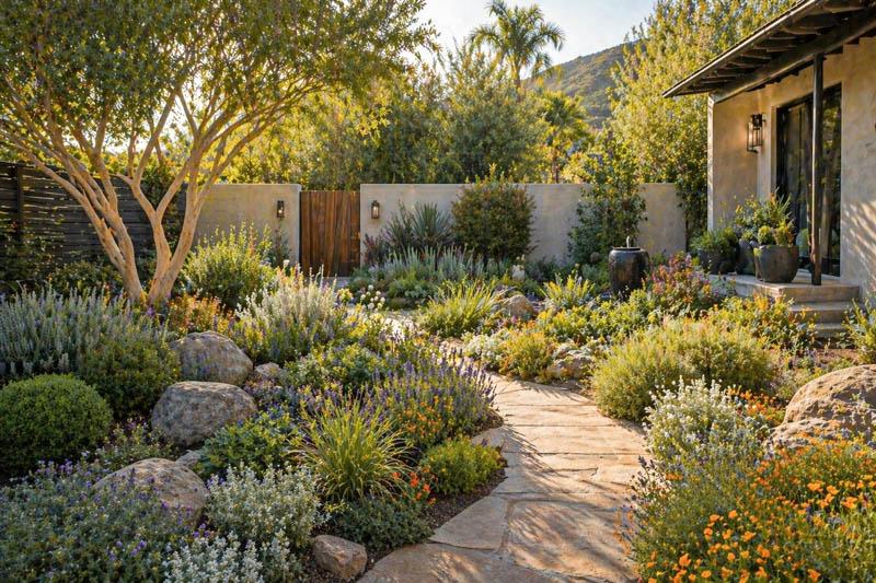 Southern California Garden, Sunlit garden with winding stone path
