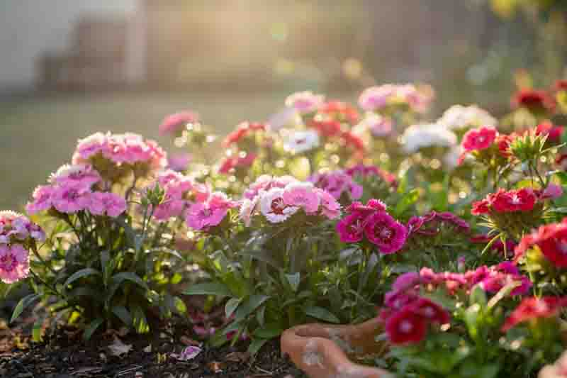 How to Keep Pinks Blooming All Summer, Colorful garden border in bloom