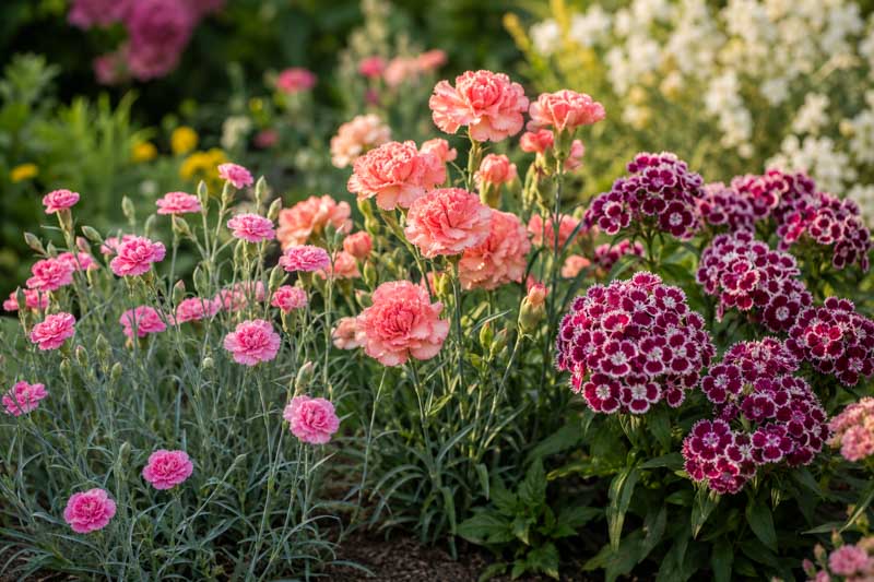 Pinks, Carnations, and Sweet William, Vibrant garden in soft daylight