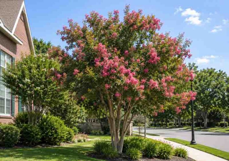 Lagerstroemia Miami, Sunny suburban yard with blooming tree